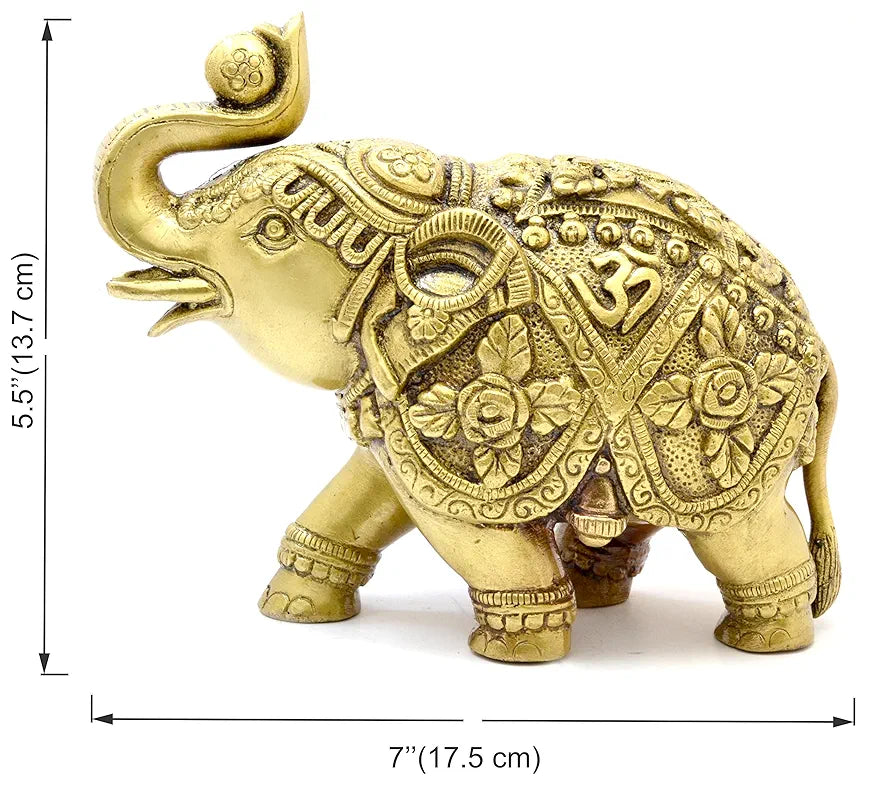 Two Moustaches Om and Swastika Carving Brass 7 Inches Elephant Showpiece, Weight - 1.6 Kg, Standard, Pack of 1