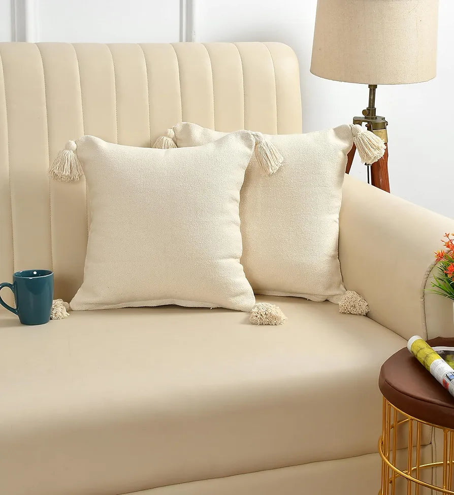SASHAA WORLD 100% Cotton Cushion Covers with Tassels/Decorative Throw Pillow Set of 2 