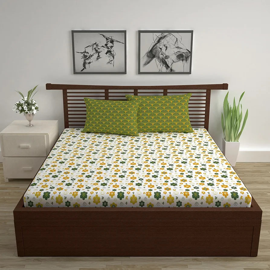 Divine Casa Double Size Bedsheet for Double Bed, 144 TC Pure Cotton Queen Size with 2 Pillow Covers | 222 by 254 cm | Floral | Mustard Green