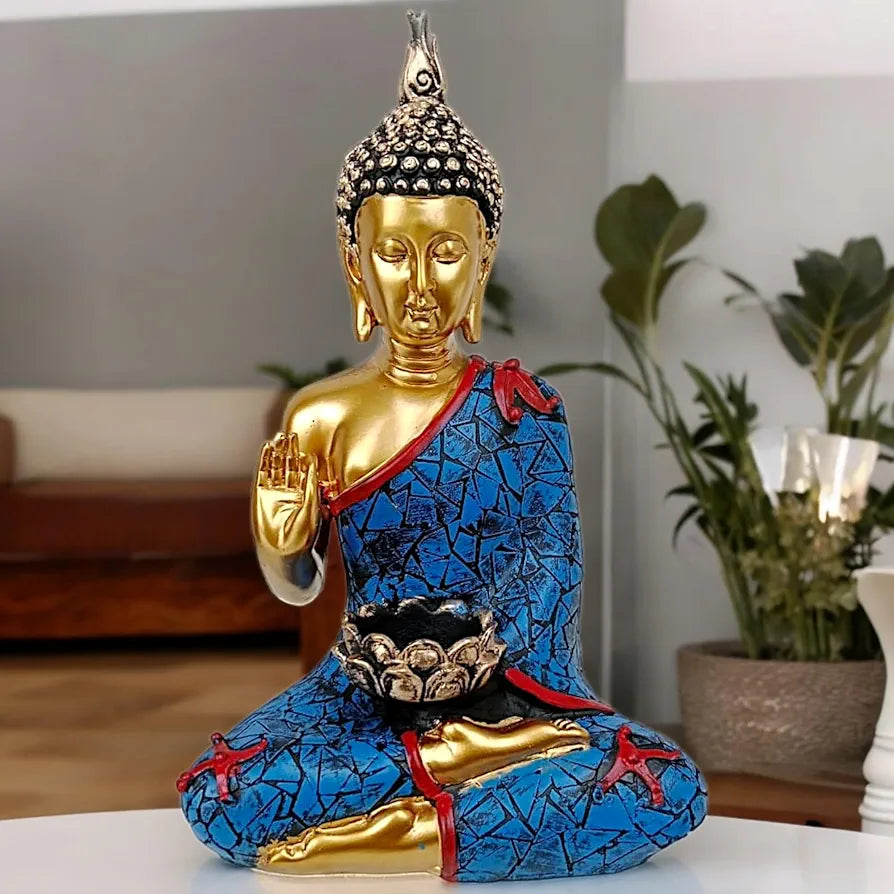 NEELAYA Meditating Buddha Statue with Tealight Candle Holder Polyresin Showpiece for Home Decor Living Room Office Vastu Gift Housewarming 28 cm Gold Blue