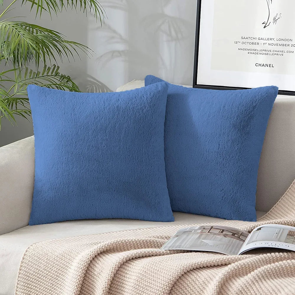 Luxe Home Cushion Cover 16 inch x 16 inch One Side Rabbit Fur Plain Design Covers Set of 2 for Sofa, Bedroom, livingroom 