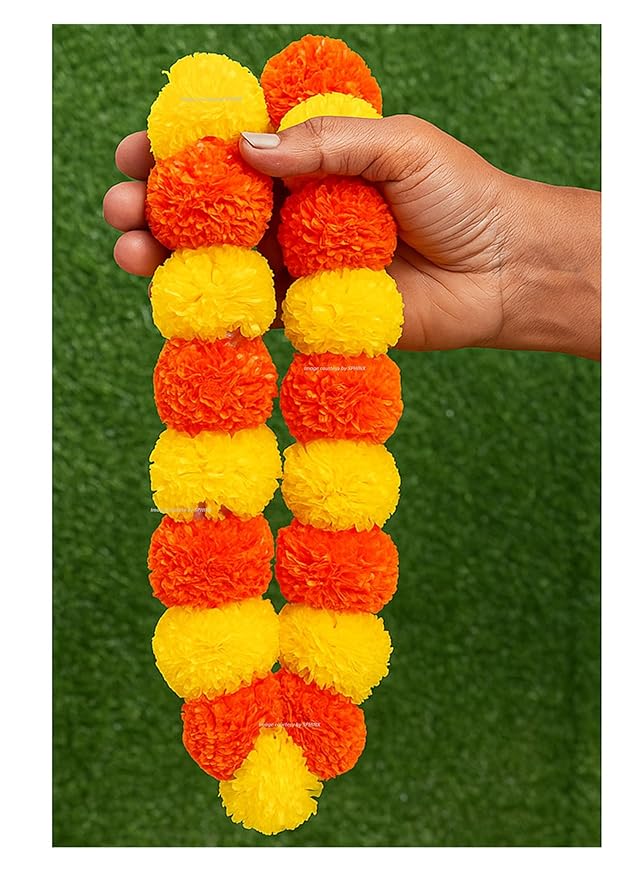 SPHINX Artificial Marigold Fluffy Flowers Garlands for Decoration - Pack of 5 (Yellow and Dark Orange.)