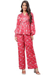 Janasya Women's Red Satin Digital Floral Printed Co-ords Set