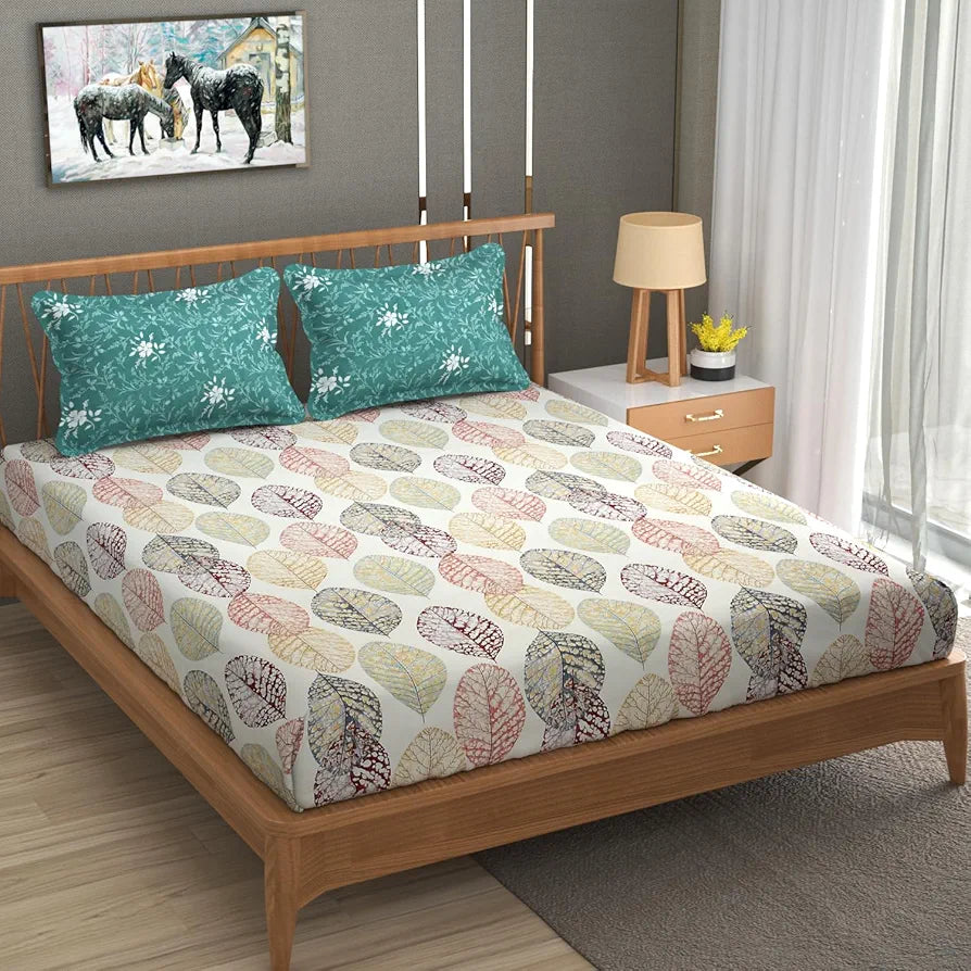 Homefab India 210 TC Cotton King Size BedSheet with 2 Pillow Covers -  - Floral, Green