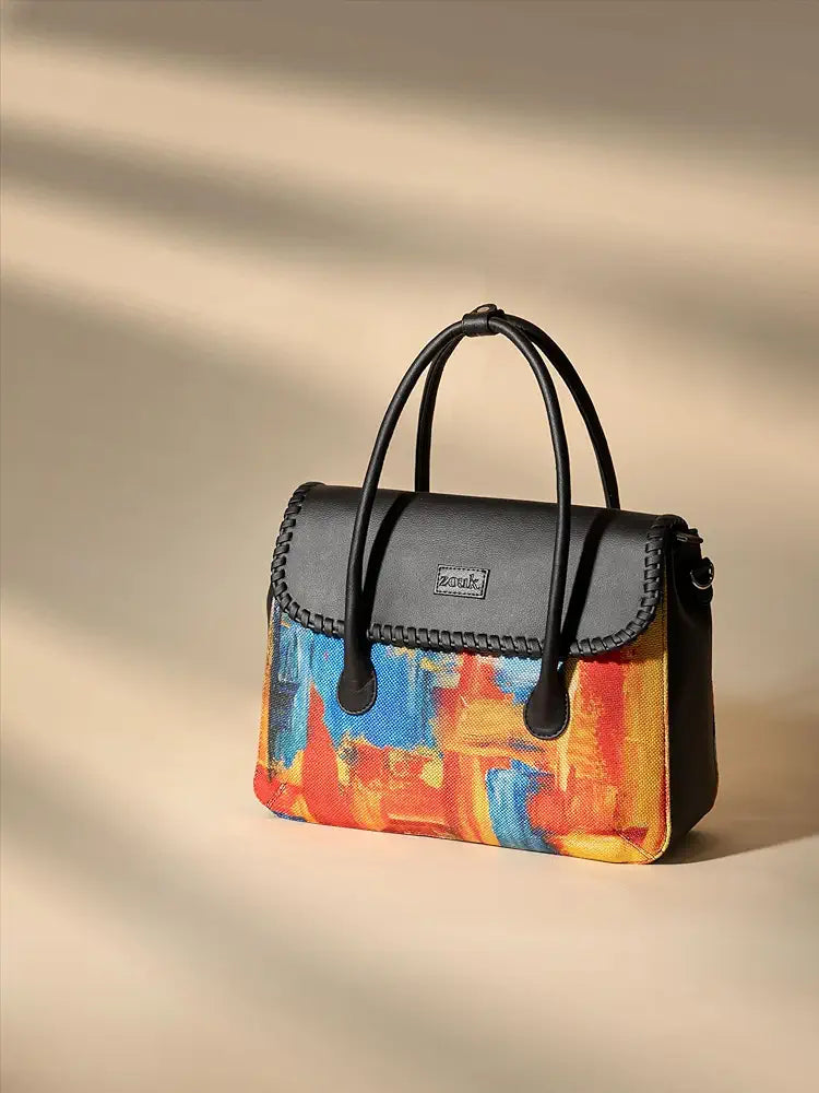 ZOUK Printed Jute Handcrafted Vegan Leather Multicolor Women's Satchel Bag | Ladies Purse Handbag | Double Handle Detachable Strap