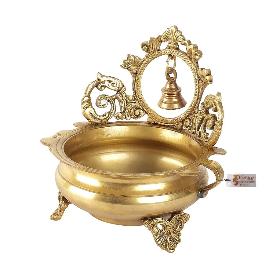 Two Moustaches Ethnic Indian Carved 7 Inches Brass Decor Urli Bowl with Bell, Brass Urli for Flowers, Urli Bowl for Home Decor, Brass Urli Decor Bowl, Weight - 1.6 Kg, Standard, Pack of 1