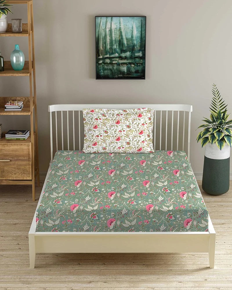 Trance Home Linen 180Tc Pure 100% Cotton Printed Fitted Bedsheet with 1 Pillow Cover , 180 tc