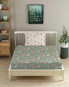 Trance Home Linen 180Tc Pure 100% Cotton Printed Fitted Bedsheet with 1 Pillow Cover 180 tc Calicut Colour Green White