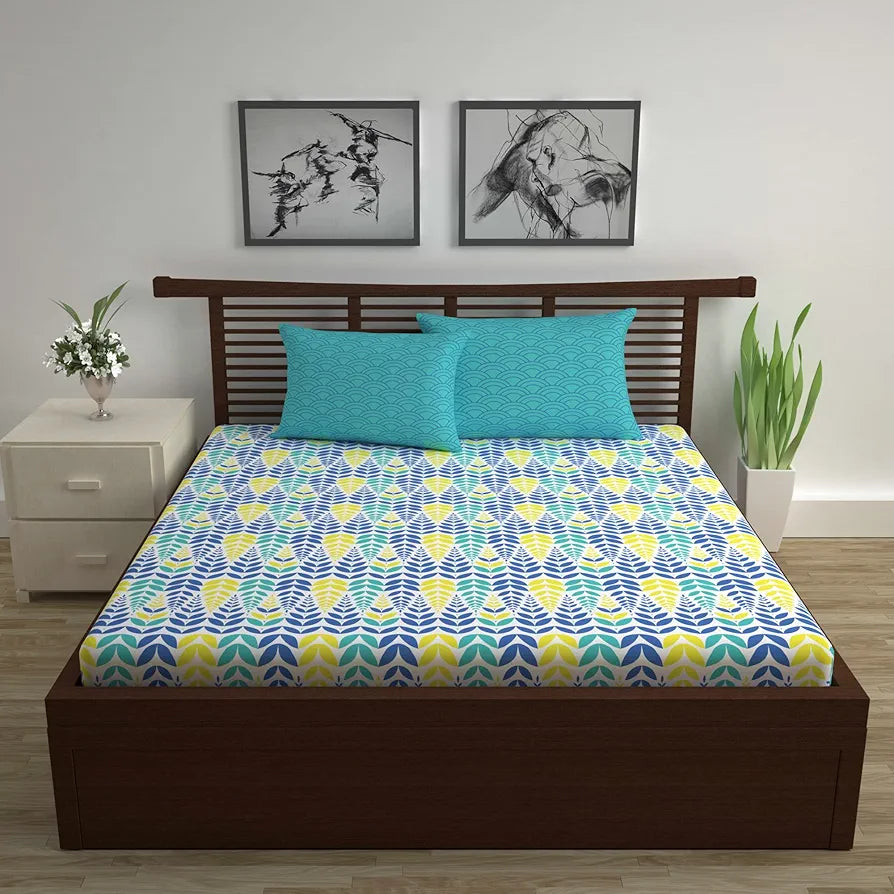 Divine Casa - 144 TC Super Soft Cotton Bedsheet for Double Bed  144 Thread Count - Floral, Blue & Yellow| 222 x 254 cm