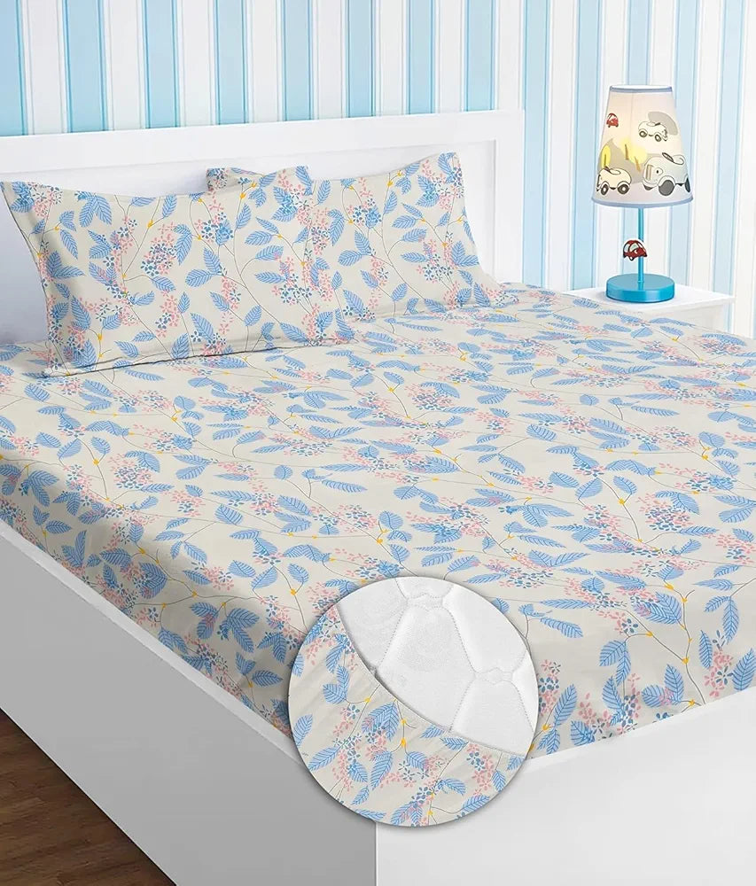 HOMEKART Premium Cotton Elastic Fitted Bedsheets with 2 King Size Pillow Covers Double Bed with All Around Elastic Supersoft Size - 72 x 78 +10 inches Flower Print Off White and Blue 200 tc - 220 tc