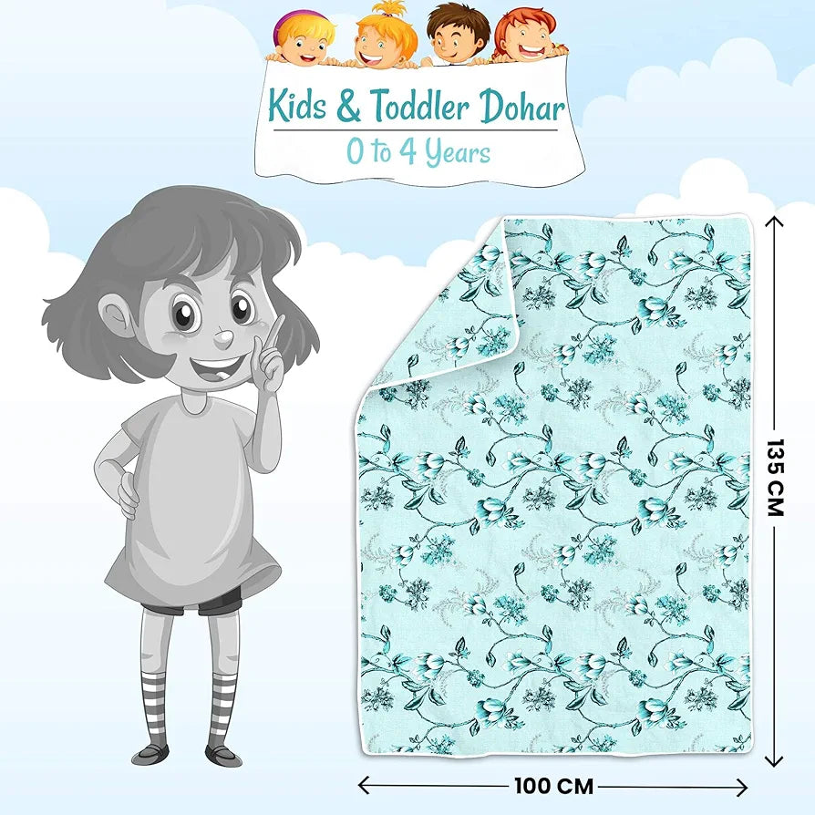 Divine Casa Floret 100% Cotton Single Kids Dohar | 120 GSM | Soft & Lightweight Throw Blanket | Cozy & Breathable Bedding | All-Season Comfort | 140 x 100 CM, Winter Fern