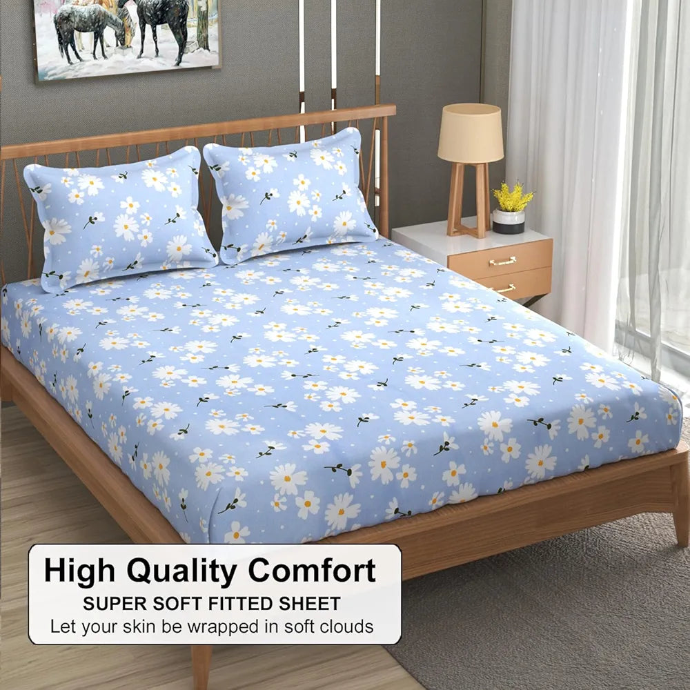 FRESH FROM LOOM Soft Microfiber Floral Print King Size Fitted Bedsheet - 240 TC, Hypoallergenic, 2 Pillow Covers  | Casper-Blue)