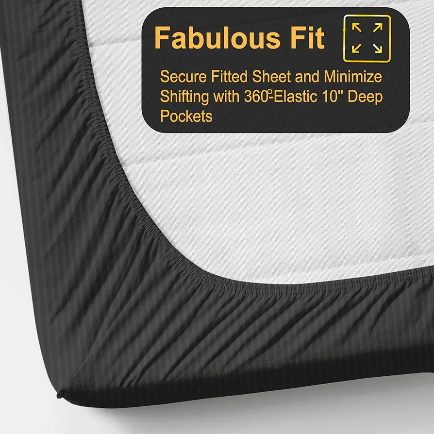 FRESH FROM LOOM 240 TC Satin Striped Soft Fitted Bedsheet King Size Bed with Two Pillow Cover|Bed Covers for Mattresses Tuck in  Grey