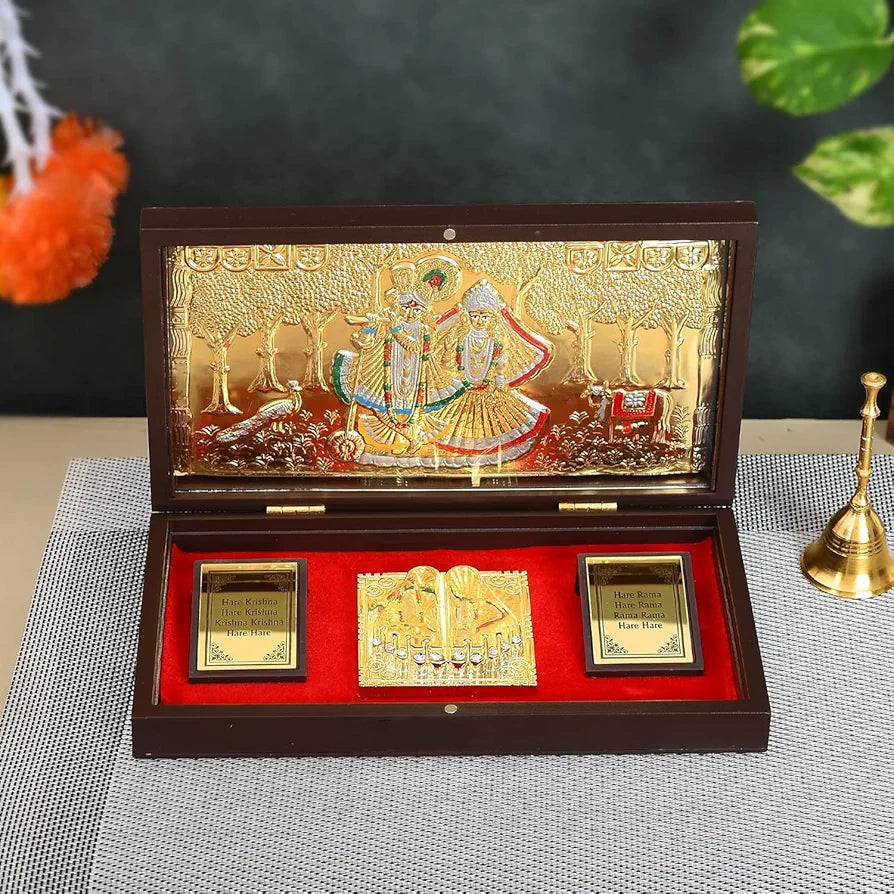 JAIPUR ACE Gold Plated Radhe Shyam Charan Paduka yantra | Devotional Prayer Box Wooden Momento with Natural Fragrance for Home or for Gifting 