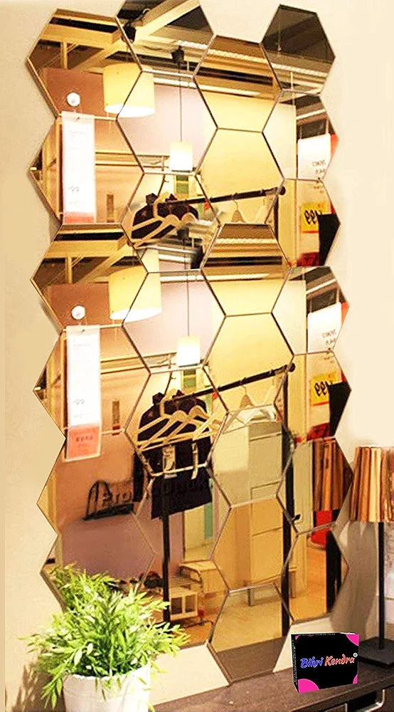 Bikri Kendra - 28 Hexagon Golden Mirror Stickers for Wall, Hexagon Mirror, Acrylic Hexagonal, Wall Stickers for Hall Room, Bedroom, Living Room