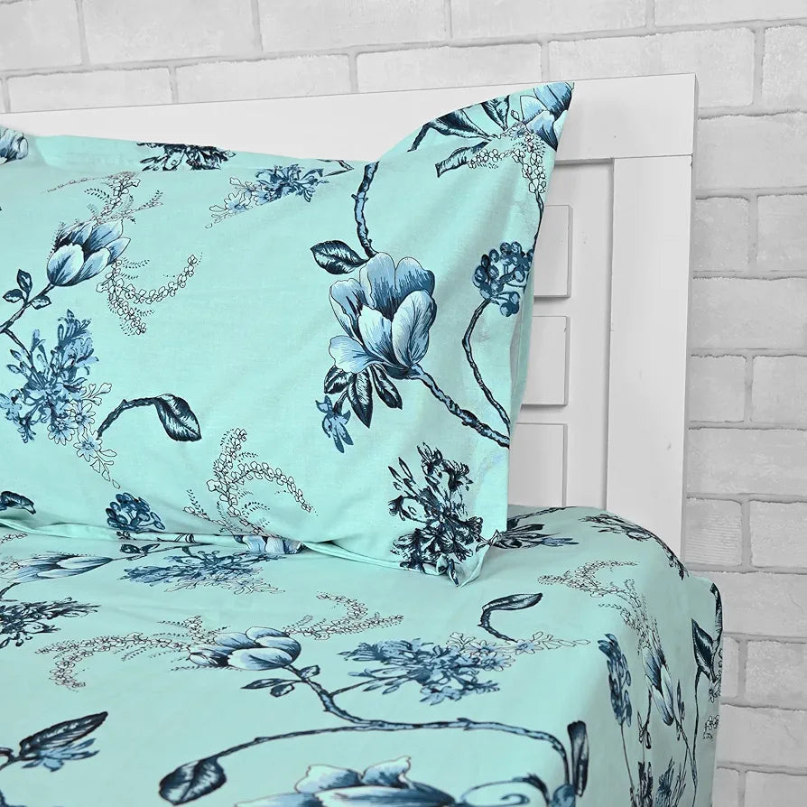 Divine Casa Bedsheet for Single Size Bed 144 TC Cotton Bedsheet for Single Size Bed with 1 Pillow Cover  Floral Frost Blue Cotton Bedsheet