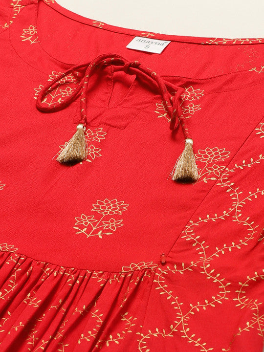 Women Red & Golden Printed Feeding Maternity A-Line Kurta