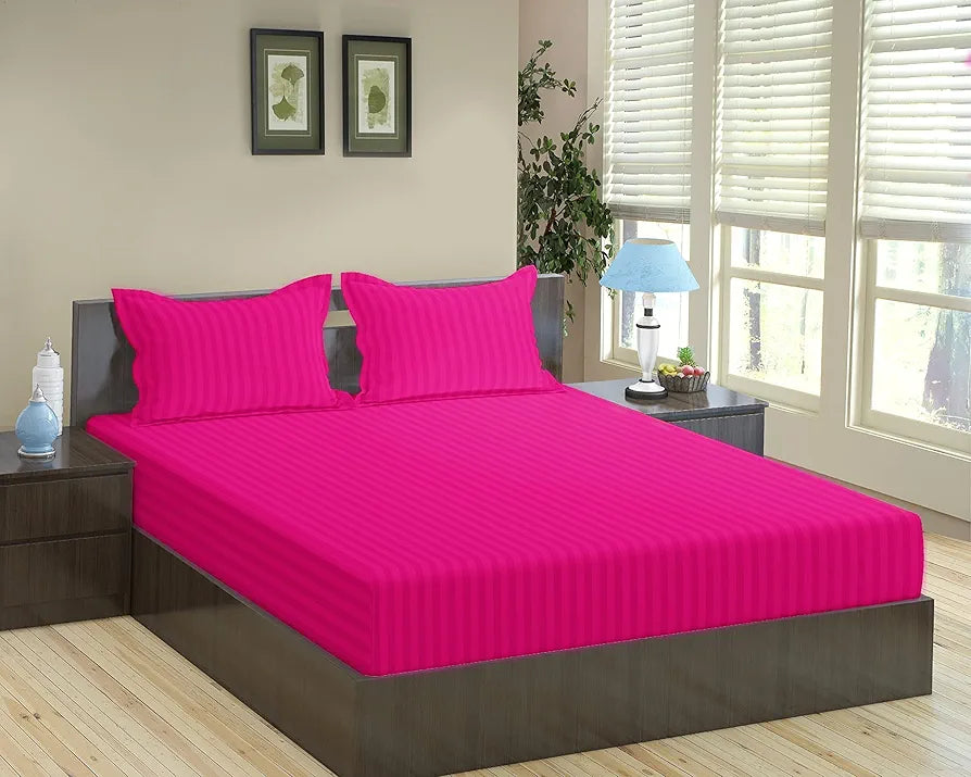 Trance Home Linen 100% Cotton 78x72 inch King Fitted 200TC Satin Stripe Elastic Fitted Bedsheet | Bedroom Hotels Daily Use Fitted Bedspread with 2 Pillow Covers 