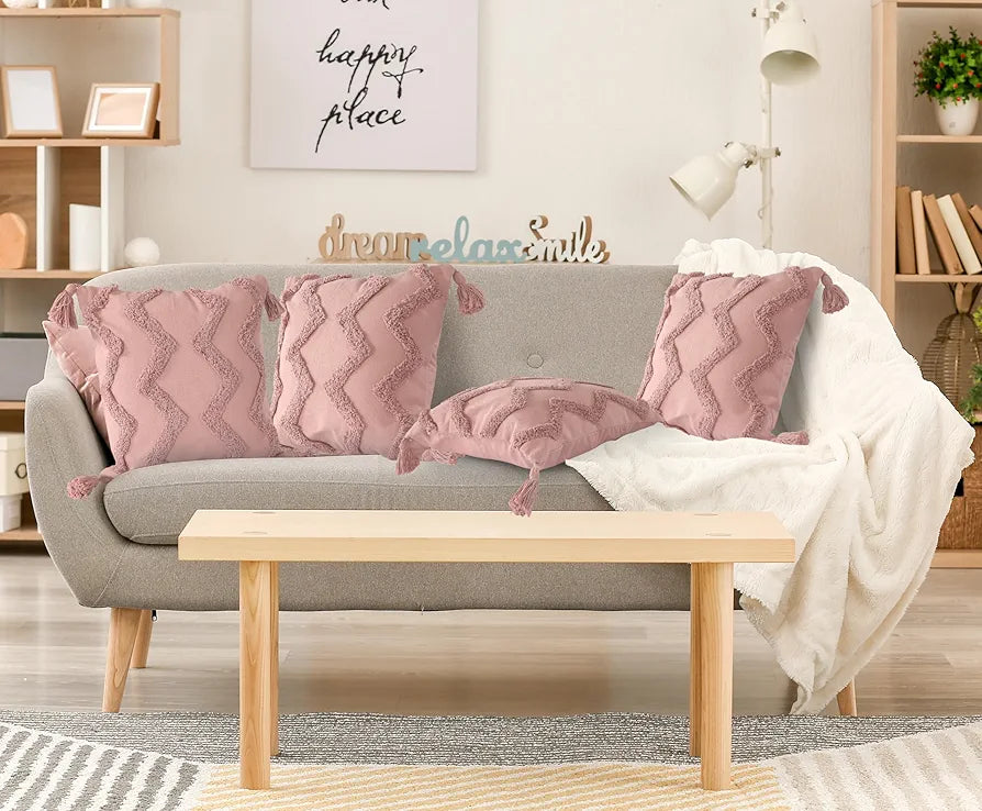 SASHAA WORLD Salmon Pink Chevron Tufted Cushion Cover with Tassels | Embrace Elegance and Comfort in Your Home Décor |Cushion Cover for Living Room/Bed/Sofa/Chair | 45X45 Cm