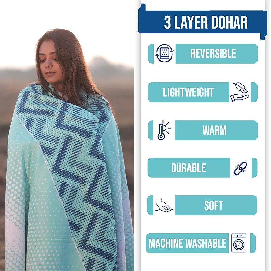 Divine Casa 120 GSM Microfiber Double Dohar | Soft & Lightweight Throw Blanket | Cozy & Breathable | All-Season Comfort | 220 x 205 CM | Chevron Pattern | Aqua Chevron
