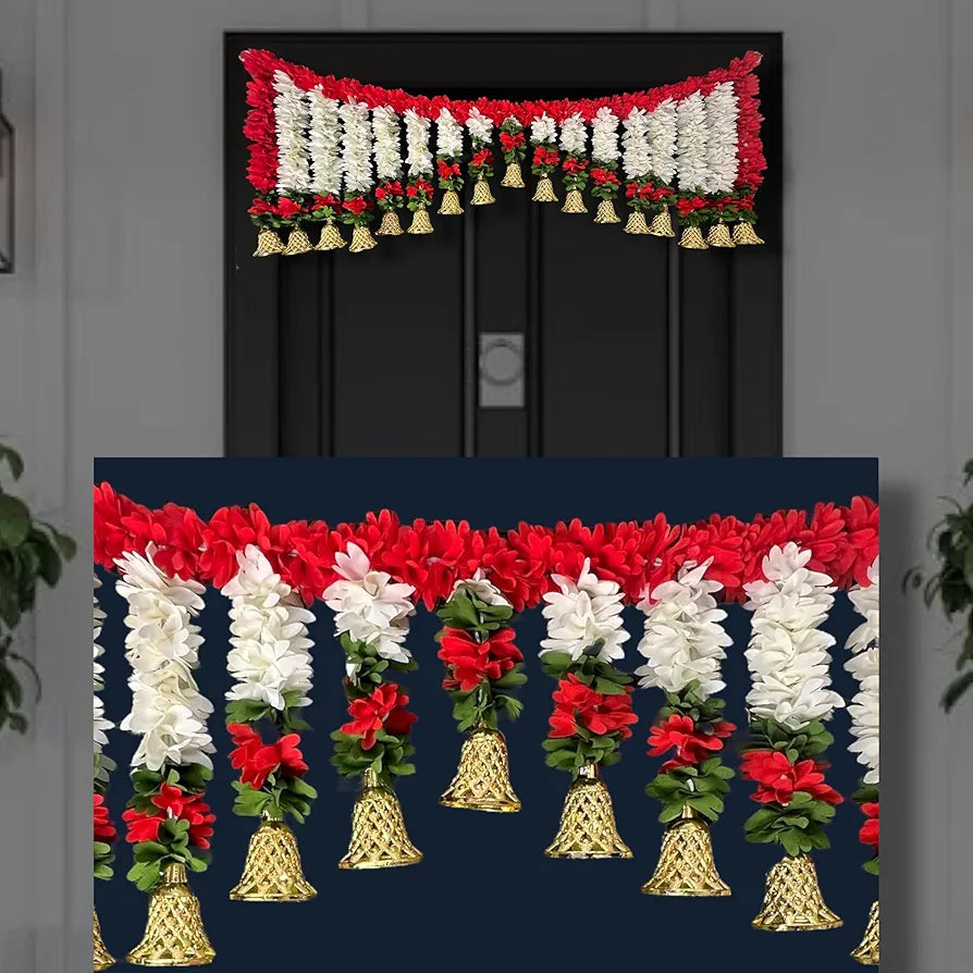 Rajasthan Kraft Artificial Red & White Gajra Toran with Bell, 40 Inch, Festive Home Decor for Diwali, Housewarming, Wedding & Pooja, Traditional Indian Floral Decoration
