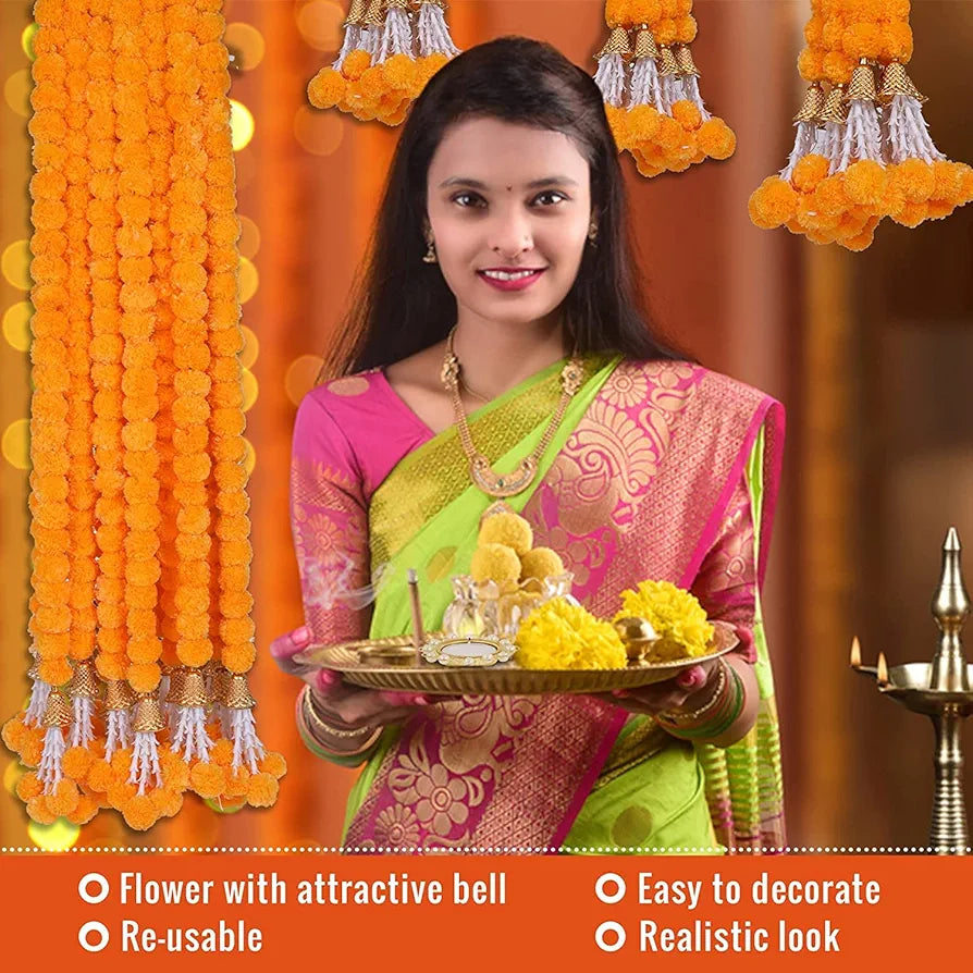 HOME BUY Artificial Orange Flowers For Decoration Garland With Bell For Diwali & Festivals Christmas, Navratri, Holi,Janmashtami | 5 Feet Long 5 Pcs With 1 Diya , 5 Centimeters
