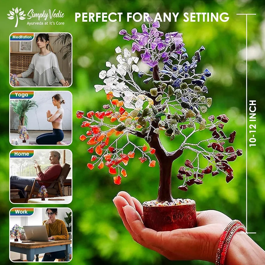 Simply Vedic 7 Chakra Crystal Tree 500 Beads| Gemstones Tree for Chakra Healing, Good Luck, Positive Energy| Feng Shui, Spiritual Gift, Meditation, Office Home Decor| Handmade by Traditional Artist