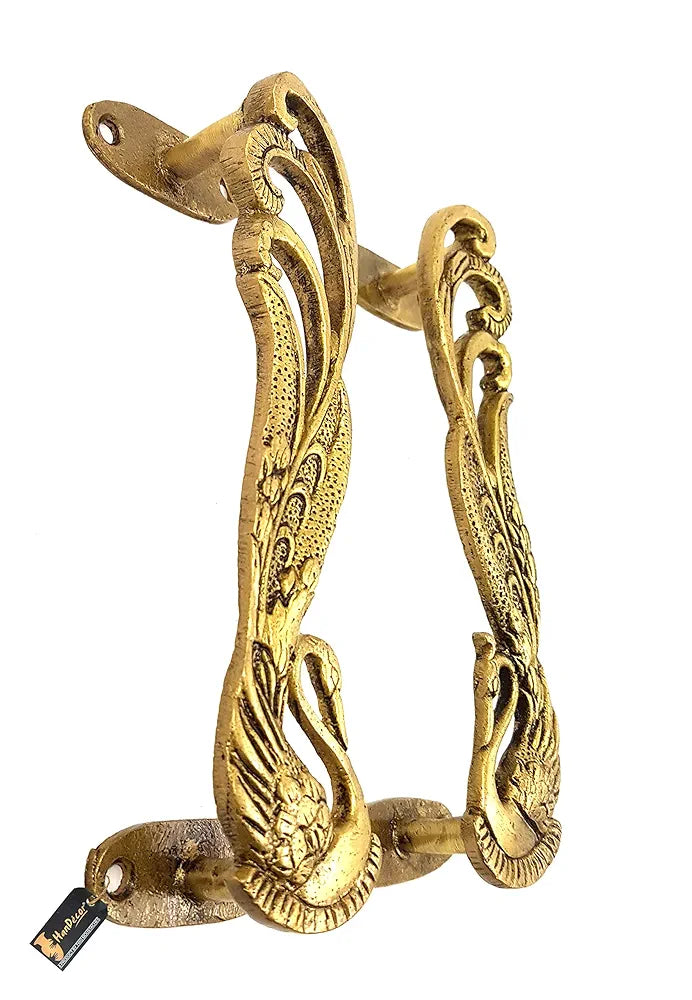 Two Moustaches Peacock Design 7 Inches Brass Door Handle Pair - Antique Yellow, Standard, Pack of 1 - Brass, Pull Handle Pair
