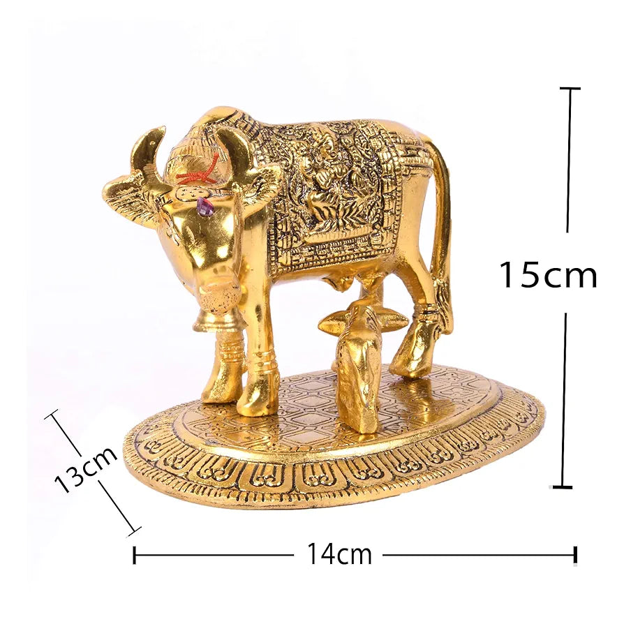 JAIPUR ACE Kamdhenu Cow with Calf Statue, Standard Size, Golden   