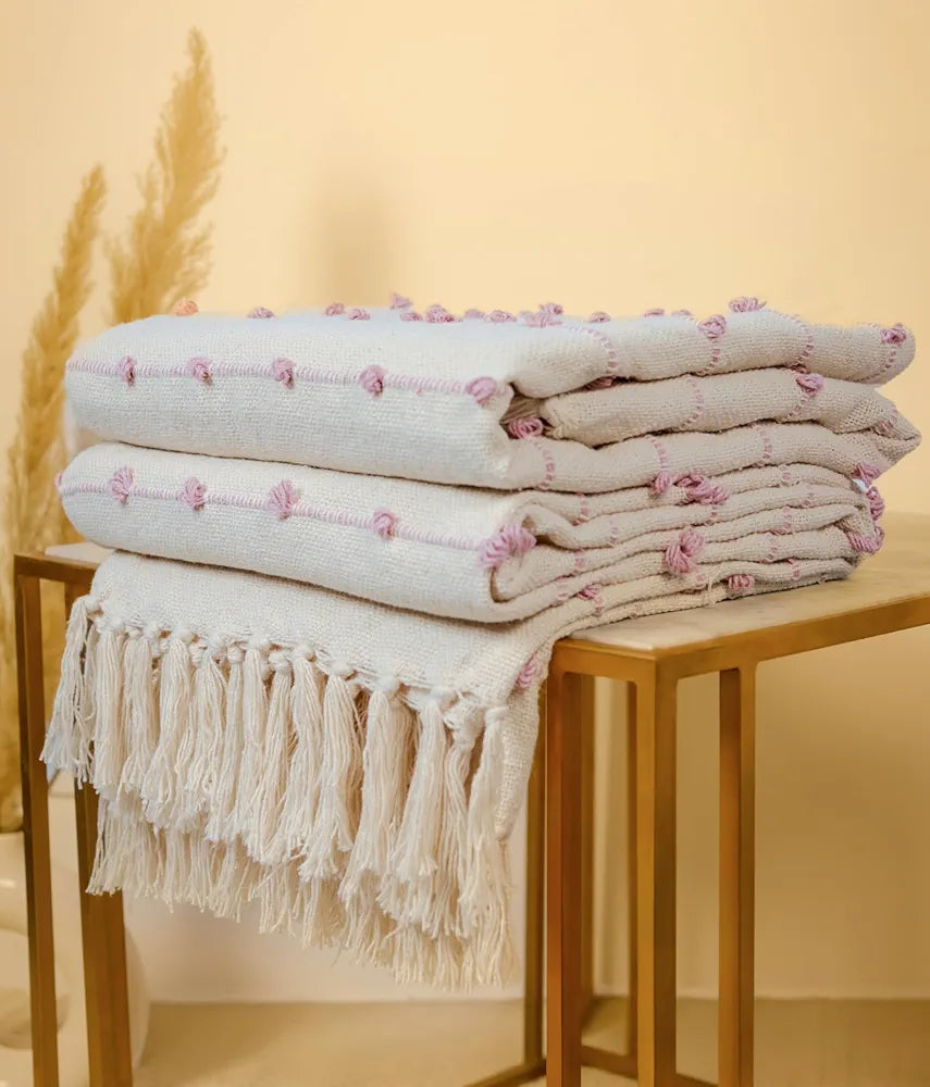 SAJAVAT HOME Hand-Knitted Pure Cotton 3 Seater Sofa Throw | 80x52 Inches/204x132 Cm | Beige & Pink Throw for Sofa, Bed, Chair & Travel - Ideal for All Season | Pack of 1