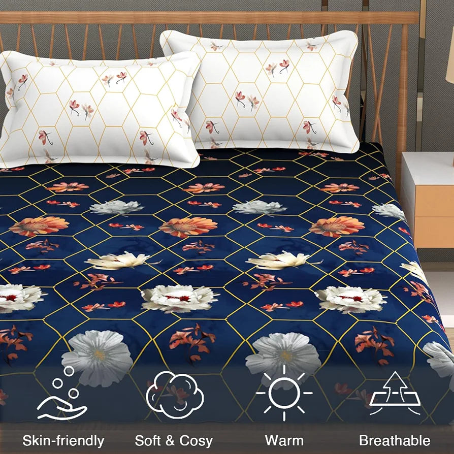 FRESH FROM LOOM Floral Microfiber Cotton Bedsheet for Double Bed |240 TC Queen Size Soft Bed Sheet with 2 Pillow Cover | Anti Fade Printed Bed Cover 