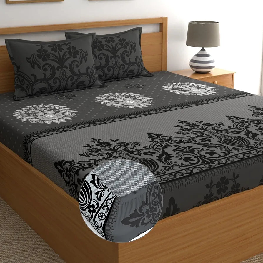 Dreamscape 100% Cotton King Fitted Floral Bedsheet With 2 Pillow Covers - 