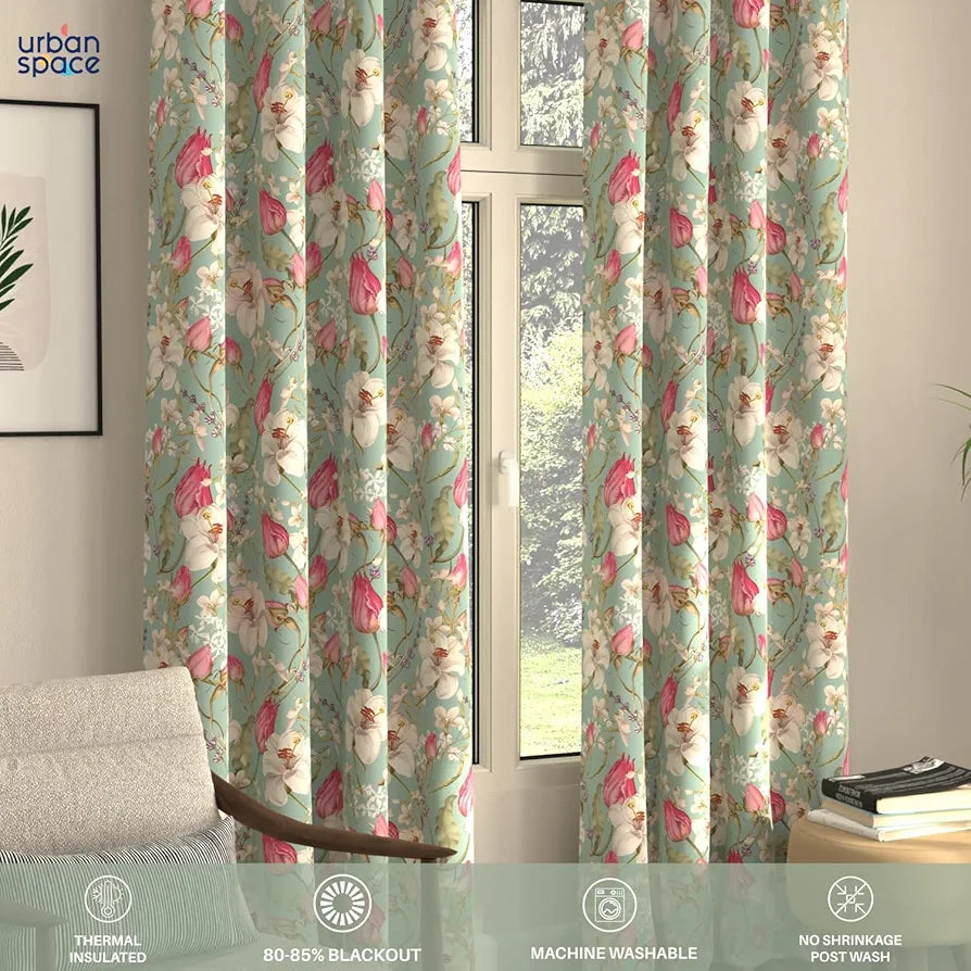 Urban Space Blackout Curtains 7 Feet Set of 2 for Door, 80-85% Light Blocking Curtains for Living Room, Digital Printed Curtains with Eyelets, Tieback Included 