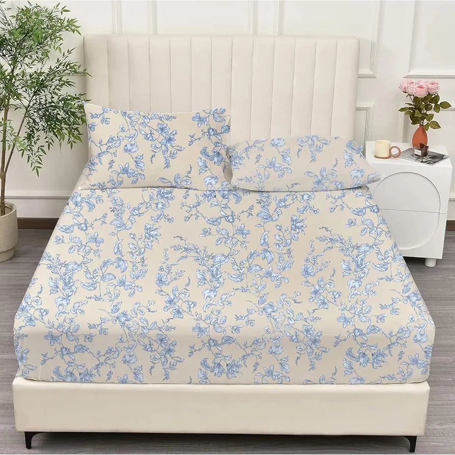 Trance Home Linen 100% Percale Cotton 210 TC Bedsheet | Queen Size Printed Fitted Bedspread with 2 Pillow Covers 