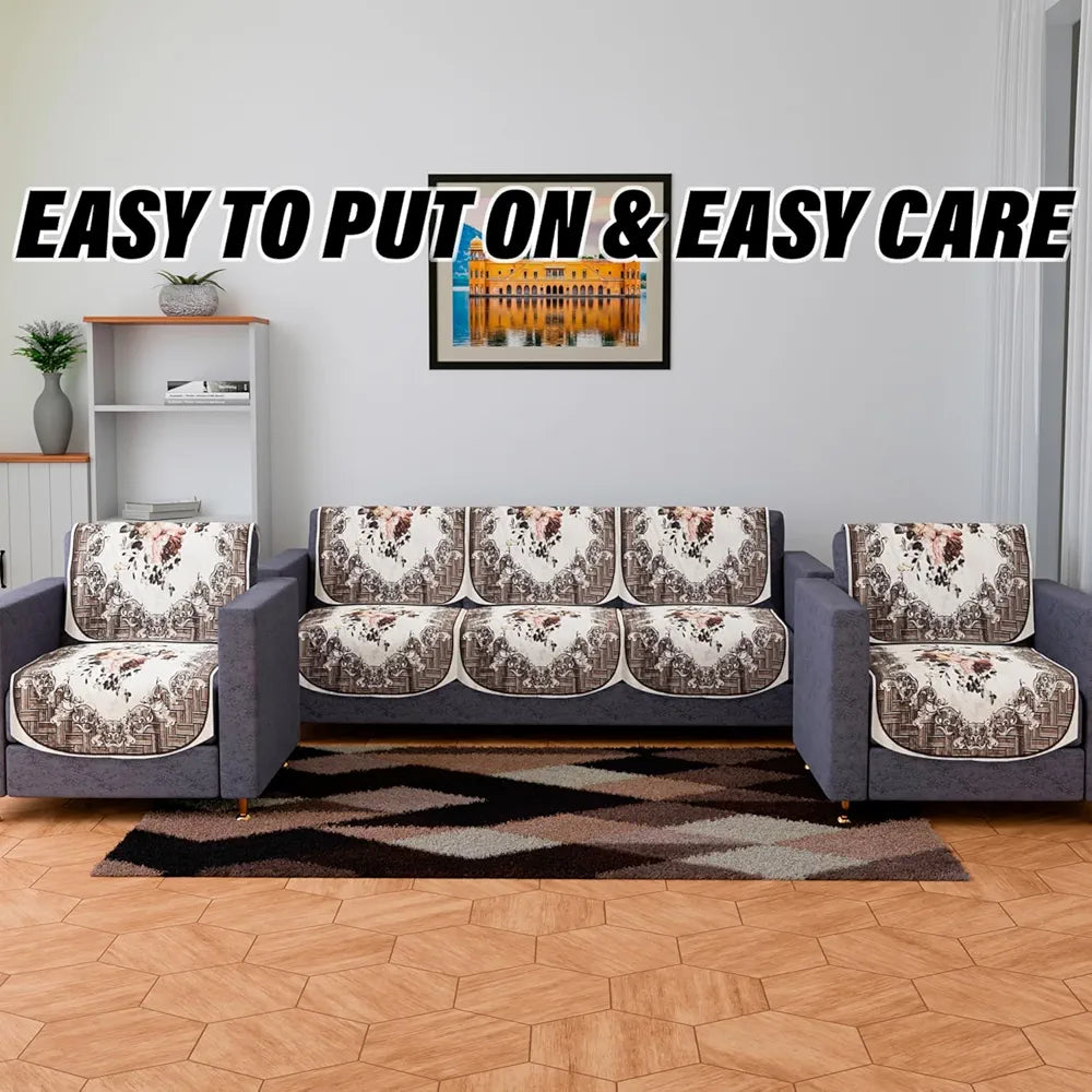 Kuber Industries Velvet Sofa Cover Set | Brown 5 Seater Couch Cover with Check Border Pattern | Living Room Sofa Slipcover