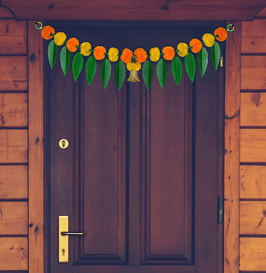 iHandikart Artificial Marigold Bandanwar Pack of 4 with Mango Leaves and Bells - 40 Inch, Yellow and Mango - Home & Festive Decorations, Housewarming Gift