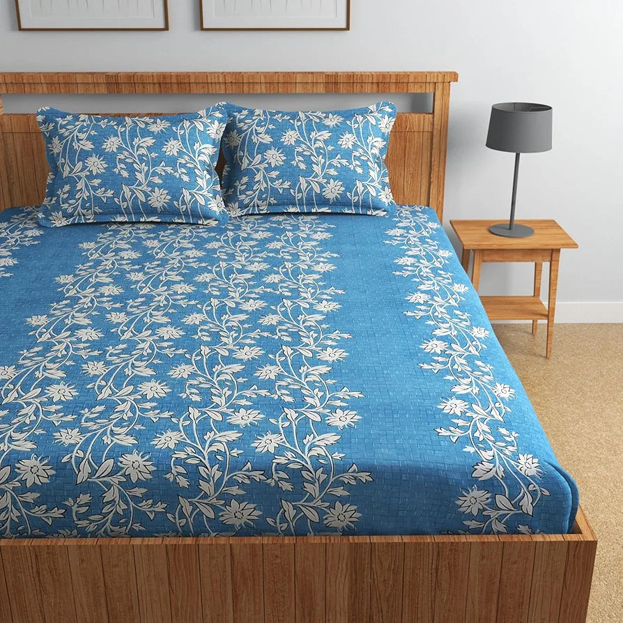 Homefab India 160 TC Glace Cotton Double BedSheet with 2 Pillow Covers -  - Blue, Floral