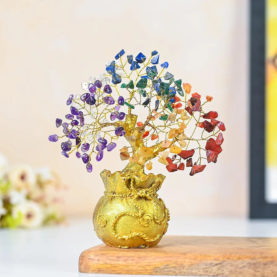 ZAICUS Lucky Feng Shui 7 Chakra Tree with Golden Money Bag Base - Healing Crystal Gemstone Bonsai Tree for Wealth, Prosperity, Positive Energy, and Home Decor, Good Luck Gift - 