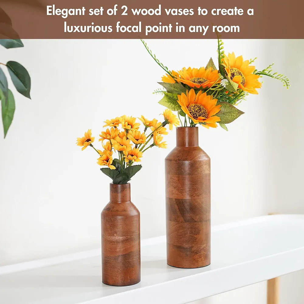 Behoma Wooden Flower Vase Set of 2, Bottle Shape Mango Wood Vases for Flowers for Decor Home Living Room Kitchen Office, Walnut Brown Finish | Height - 9 inch  & 5.9 inch 