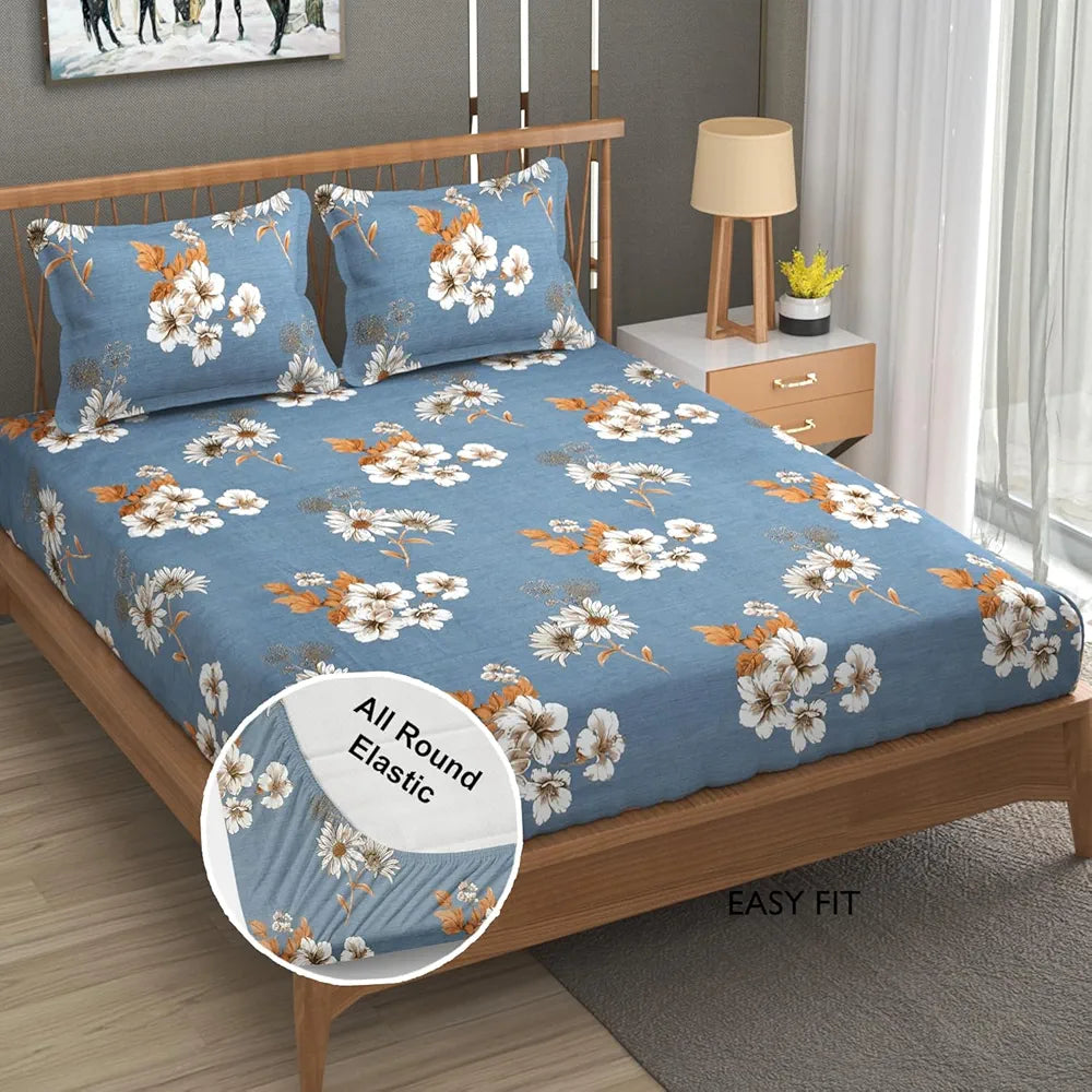 FRESH FROM LOOM Floral Print Fitted King Size Bedsheet Set - Microfiber, 240 TC, with 2 Pillow Covers |Denim, Floral Design), Multicolor