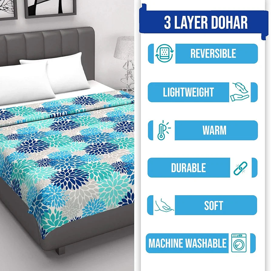 Divine Casa Floret 100% Cotton Single Dohar | 120 GSM | Soft & Lightweight Throw Blanket | Cozy & Breathable Bedding | All-Season Comfort | 210 x 140 CM, Blue Aqua