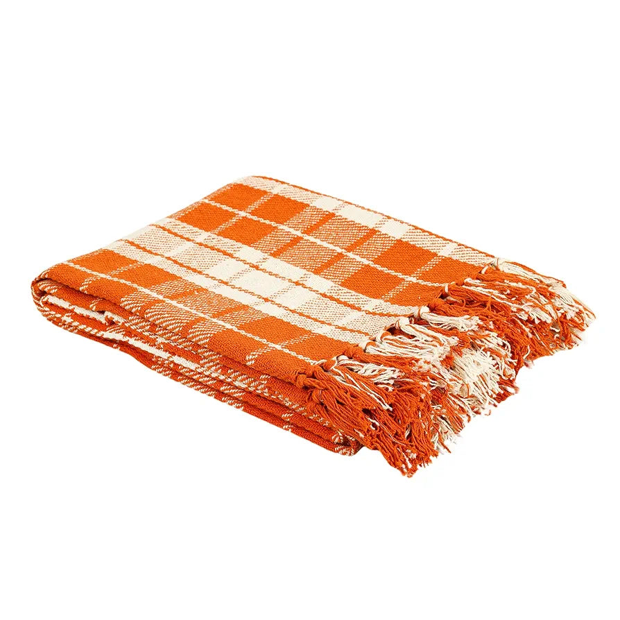 SASHAA WORLD Plaid Blanket | Throw for Living Room, Bedroom, Sofa & Chair | Orange and White Blanket | 1200g, 125x150 cm