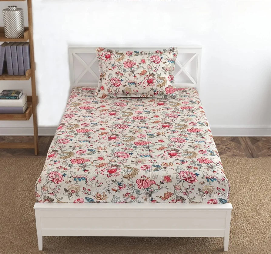 Trance Home Linen 144TC 100% Cotton Heritage Elastic Fitted Bedsheet with 1 Pillow Cover |Jaipuri Printed Artisan Block Design | Soft Hypo-Allergenic 