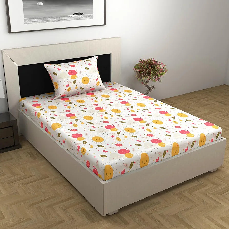 Divine Casa 144 TC 100% Cotton Single Bedsheet with 1 Pillow Cover | Skin-Friendly Fabric for Everyday Comfort | 223 X 145 CM | Abstract Pattern | Marlin White
