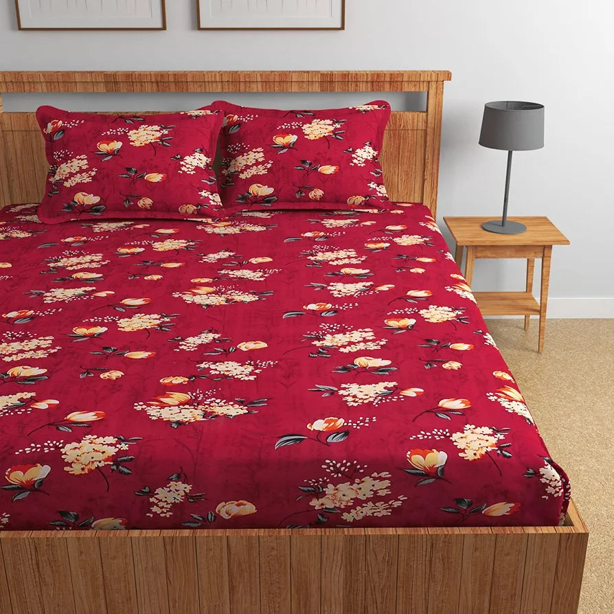 Homefab India 160 TC Glace Cotton Double BedSheet with 2 Pillow Covers -  - Maroon, Floral