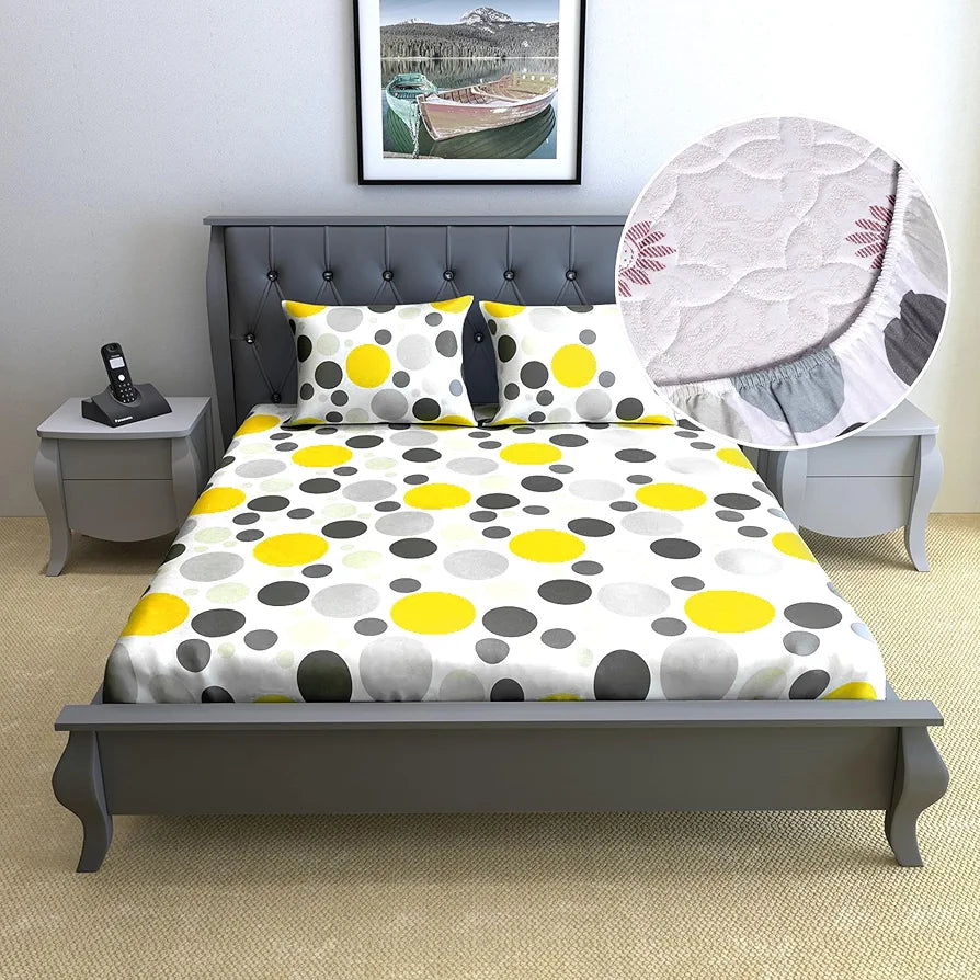 Divine Casa 100% Cotton 144 TC Cotton Elastic Fitted Bedsheets Double Size with 2 Pillow Covers | 59 x 78 inches | Yellow Gray