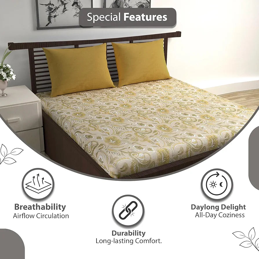 Divine Casa 144 TC 100% Pure Cotton Queen Size Double Bed Bedsheet with 2 Pillow Covers | Soft, Durable & All-Weather Comfortable Easy Care Sheet | Size 222 x 254 CM | Floral Paisley | Mustard Beige