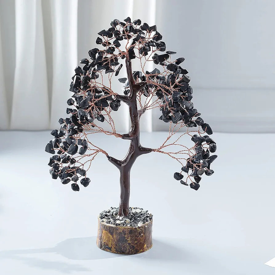 HindCraft Black Tourmaline Crystal Tree Good Luck Showpiece for Home Decor Items Crystals Gemstones Bonsai Money Tree for Good Luck, Decoration Gift Item, Copper Wire, 10-12 inch
