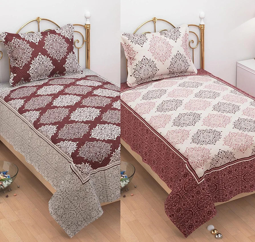 FRESH FROM LOOM Reversible Cotton Floral Single Bed Bedsheet - Hypoallergenic, Wrinkle Free, 300 Tc Heavy Bed Sheets With 1 Pillow Cover 