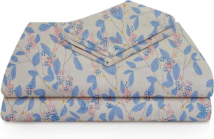 220 TC Premium Cotton Elastic Fitted Bedsheets with 2 Pillow Covers|Double Bed with Corner Elastic Wrinkelfree Supersoft Floral Pattren Breathable |Size-72 x 68 + 6 inches|White & Blue